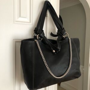 New: Y2k Cavalcanti Black Leather Tote Bag. Chain Detail. Twisted Handles.